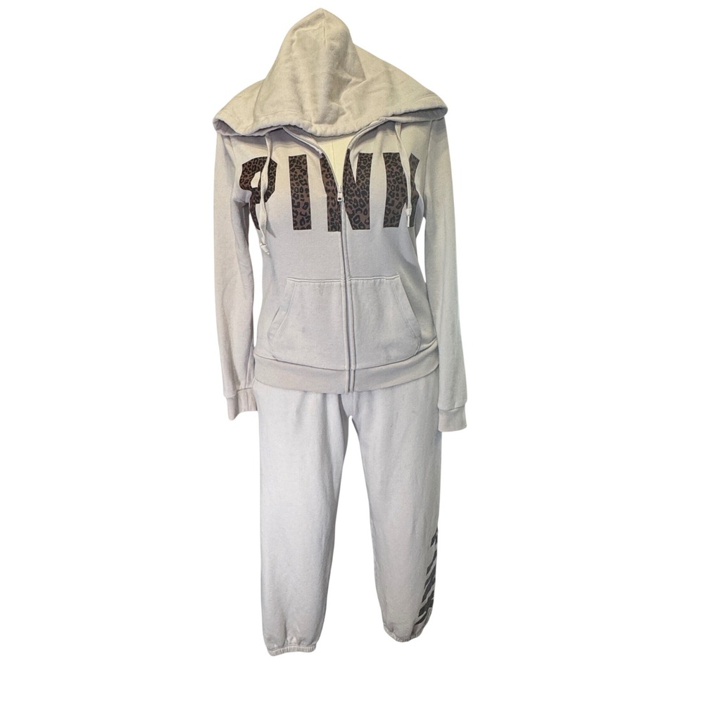 PINK Victoria's Secret XL Tan Leopard Logo Zip Hoodie and Jogger Set Women's